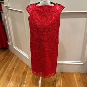 Bright red textured dress with cap sleeves.